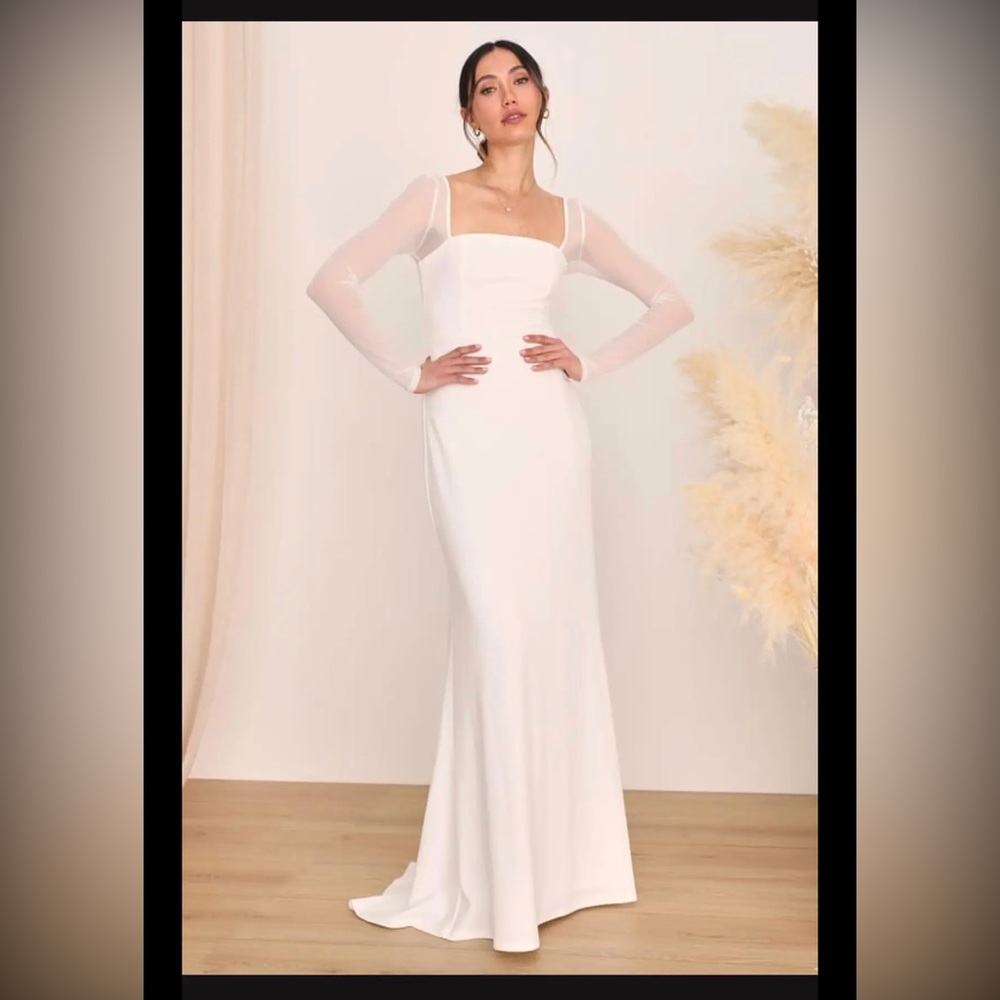 Bridal- Lulu’s Lovingly Yours White Mesh Long Sleeve Maxi Dress
